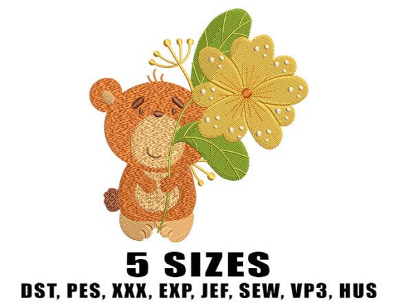 Bear with Flower Embroidery Design
