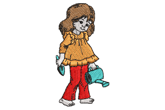 Girl Watering Plants Embroidery Design