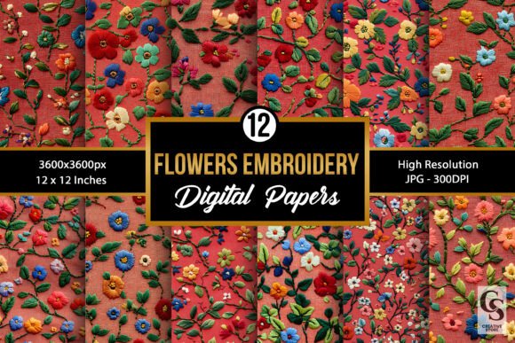 Red Embroidery Flowers Digital Paper